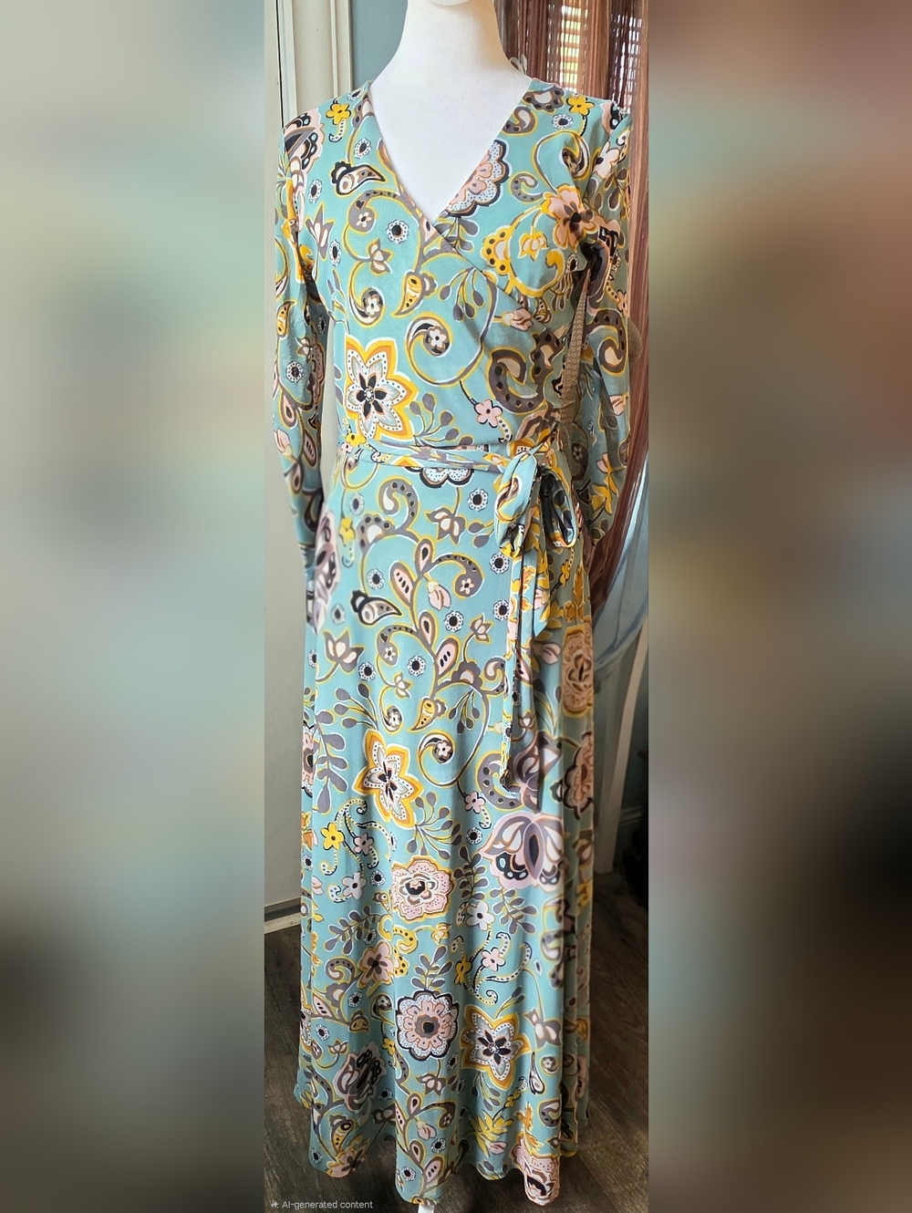 Allison Brittney Faux Wrap Maxi Dress Womens S Seafoam Floral 3/4 Sleeve Mesh